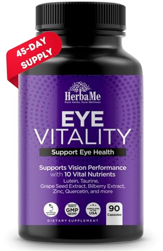 HerbaMe Eye Vitamins Supplement with Lutein, Bilberry, Beta Carotene, L-Taurine, Zinc and Quercetin, 90 Capsules, Supports Vision, Ocular and Macular Health, Helps Eyes Filter Blue Light