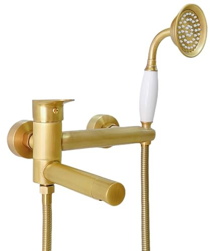 NIUKOMY Mischbatterie Badewanne Antik Messing, Retro Badewannenarmatur mit Keramik Handbrause, Vintage Wannenarmatur, Duscharmatur mit 90° Drehbar Lang Auslauf