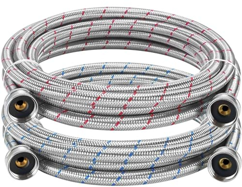 15FT Extra Long Washing Machine Hoses by Fetechmate 3/4'' Standard NPT Connections Burst-proof No-leak Washer Hoses Hot and Cold Stainless Steel Washer Hose 2 Packs