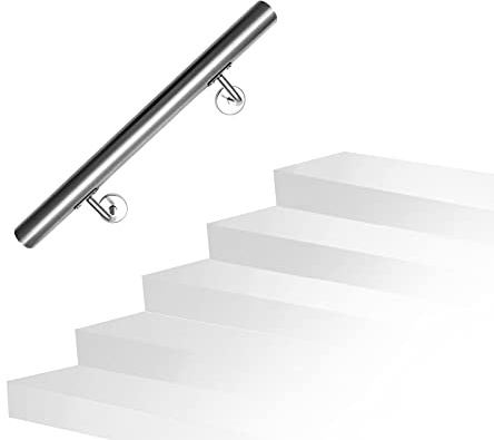 Fiqops Barandilla de acero inoxidable - Rampa de escalera - 50 cm - De acero inoxidable - Para exterior e interior - Barandilla - Diámetro 42 mm - Con soporte de pared y tacos metálicos