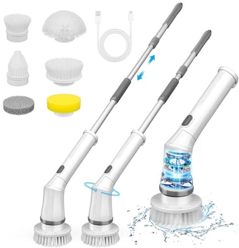 Elektrische Reinigungsbürste, highsam Spin Power Scrubber, Schnurlos Putzbürste Fugenbürste Elektrisch mit 6 Bürstenköpfe, 180° Winkel, Verstellbarem Griff für Bad Küche Auto Haushalt