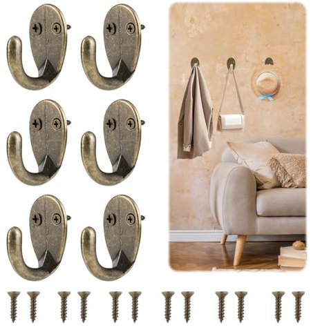 6 Stück antike Haken aus Messing und Bronze, für Retro- und funktionale Dekoration, einfache Haken, Bronze, Wandhaken, Ovalhaken für Garderobe, Handtücher und mehr.