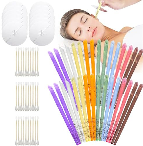 78 Stück Set Ohrenkerzen zur Reinigung Ohrenschmalz, Ohrenkerzen, Ohrenschmalz Entferner Kerzen, Ohrkerzen, mit 32 Bunte Ohrkerzen Kit 8 Verschiedene Düfte, 16 Schutzscheiben und 30 WattestäBchen