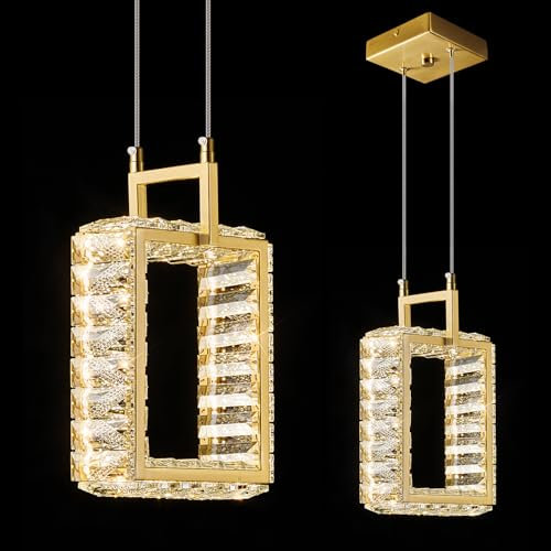 ZPBSJ Kitchen Island Mini Pendant Lights Modern Led Crystal Pendant Light Gold Rectangle Chandelier 12W for Dining Room Living Room Kitchen Bedroom Bar(1-Light)