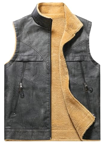 Fleece läderväst för män sherpa ärmlös jacka vinter PU-läder ytterkläder vänterock dragkedja quiltad väst, Svart, XL