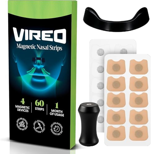Vireo® Cerotti Nasali Magnetici Neri 60 pezzi, Dilatatore Nasale Antirussamento, Cerotti Naso, Riutilizzabili, Alta Tenuta, Qualità Premium, Sport e Uso Quotidiano
