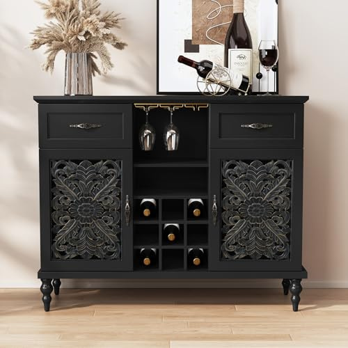 HOLTICO Vintage Drinks Cabinet, Wine Cabinet for 9 Bottles, Bar Cabinet with Glass Holder, Wine Rack Sideboard Buffet for Living & Dining Room, Black