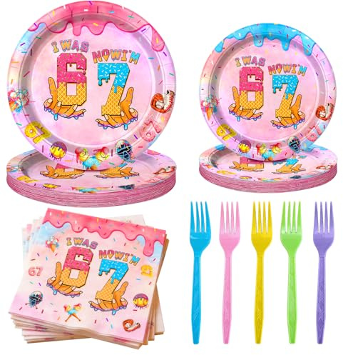100 Pcs Ice Cream Drip 7th Birthday Party Supplies Set,Disposable Paper Plates, Napkins, and Colorful Forks, 6 7 Six Seven Themed Tableware for Kids Birthday Party Decorations