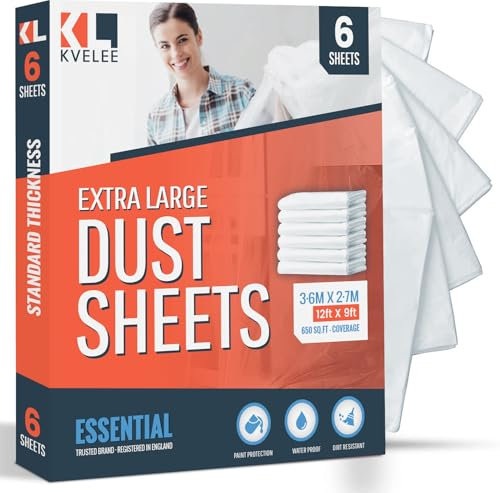 KVELEE - Pack of 6 Extra Large Plastic Dust Sheets for Decorating | Size 3.6 x 2.7m (12 x 9ft) | Dust Sheets for Painting & Covering Furniture | Plastic Sheeting for Floor Protection & Dust Cover