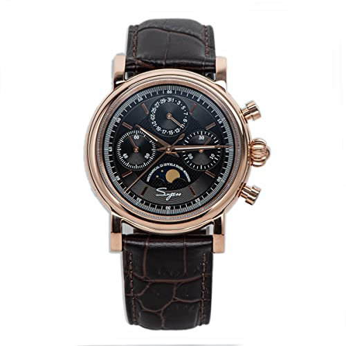 NC Sugess Mechanische Herrenuhr Möwe Uhrwerk ST1908 Chronograph Vintage Mondphase Armbanduhr Lederband Wasserdicht 50ATM (Rose Black)