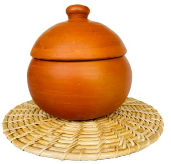 Traditional Look Handmade Clay pots with Lid, Home Table Decoration Stackable Medium Pots, Natural Round pots