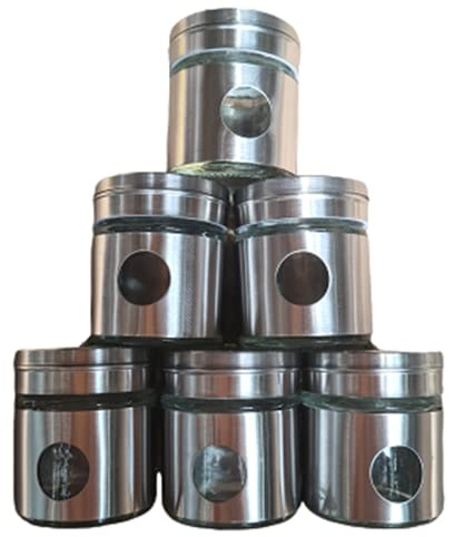 Hillfield Gewürzstreuer, 6er Set, 3 Streugrößen, Sichtfenster, Gewürze & Kräuter, Glas, Edelstahl, Gewürzgläser, silber