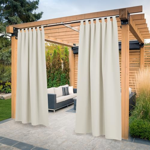 PONY DANCE Outdoor Vorhang Wetterfest 2er Set H 243 x B 132 cm Outdoor Gardinen Wasserdicht Outdoorvorhänge Sichtschutz Balkon Vorhänge mit Abnehmbaren Schlaufen, Hellbeige