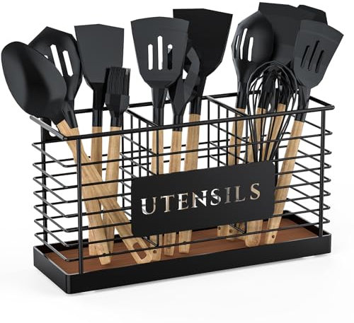 3 Fächer Küchenutensilienhalter,Utensilienhalter für Küchentheke, Küchenarbeitsplatte Utensil Organizer, & Topfhalter mit Holzbrett – Modernes Küchen Organizer für Töpfe,Schüsseln & Utensilien