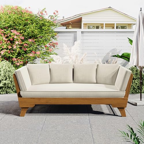 Christopher Knight Home Gary Patio Convertible Couch, Wooden Outdoor Daybed, 3-Seater Acacia Wood Patio Furniture Lounge Sofa for Backyard/Poolside/Garden, Back Pillow+Removable Cushion, Teak+ Beige