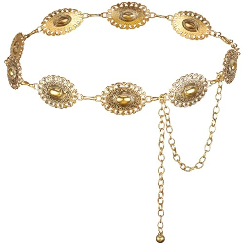 DRESHOW Western Metal Concho Belt for Women Cowgirl Boho Concho Chain Adjustable Gold Vintage Waist Chain for Women for Dresses Jeans Country Concert