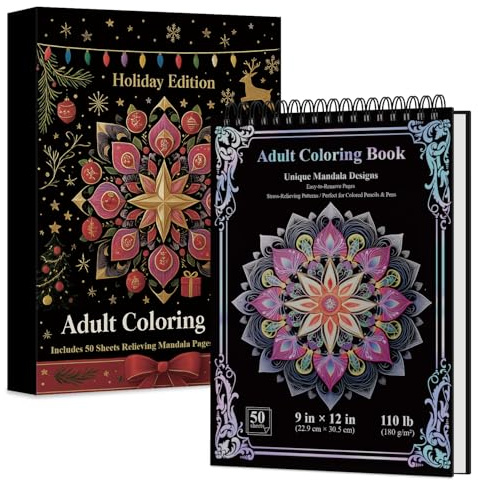 Mandala - Libro para colorear para adultos, tapa dura: 50 diseños únicos en espiral para adultos con páginas perforadas. (diseños de mandala, 9 x 12 pulgadas, 50 hojas)