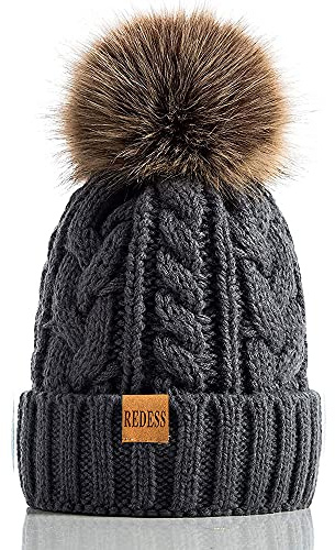 REDESS Women Winter Pompom Beanie Hat with Warm Fleece Lined, Thick Slouchy Snow Knit Skull Ski Cap