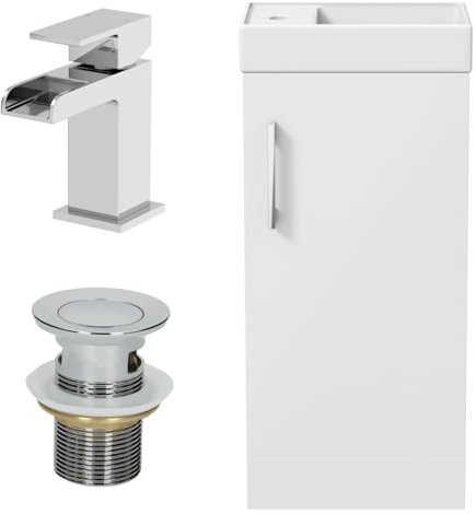AURORA® 400mm Bathroom Vanity Unit Ceramic Wash Sink Floorstanding Storage Cabinet Reversible Soft Close Cupboard & Chrome Waterfall Basin Mixer Tap & Waste Set, White Gloss