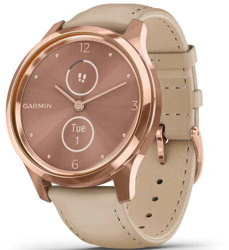 Garmin Vivomove Luxus-Smartwatch mit echten Zeigern und versteckten farbigen Touchscreens, Roségold mit hellem Sand-Lederarmband