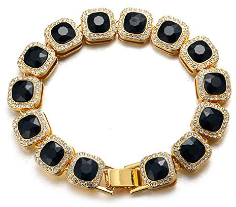 HALUKAKAH Diamante Bracciale in Oro Uomo,Placcato in Oro Reale 18 Carati Quadrato Diamante Nero Bracciale 21.5cm,Set di Punte Diamanti da Laboratorio,con Confezione Regalo Gratuita