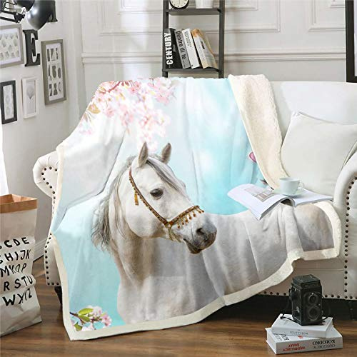Coperta in Pile Sherpa con Stampa di Cavalli Bianchi e Farfalla Floreale - Peluche Microfibra a Tema Animali Selvatici e Natura per Divano Letto