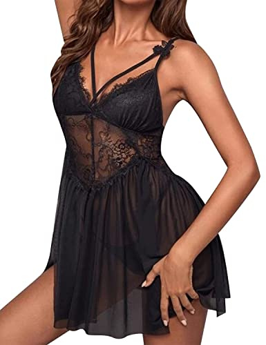 Rasyon Babydoll Donna Pizzo Lace Lingerie Scollo a V Aperto Sleepwear e G-String Set Camicia Notte Aperto Curvy(Nero)