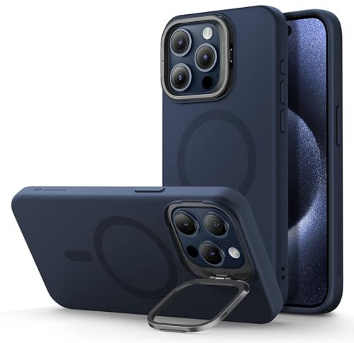 ESR for iPhone 15 Pro Max Case, MagSafe Silicone Case with Stand, Military-Grade Protection, Built-in Camera Stash Stand, Magnetic Phone Case for iPhone 15 Pro Max, Cloud Series, Dark Blue