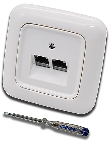 Busch Jäger, Rutenbeck Unterputz Netzwerkdose Ethernet 10 Gigabit/S (10GbE) KAT6A 6A - 2x RJ45 Anschluss in ReflexSi alpinweiß Rahmen und UAE Abdeckung inkl. EBROM Phasenprüfer zur Montage des Geräts