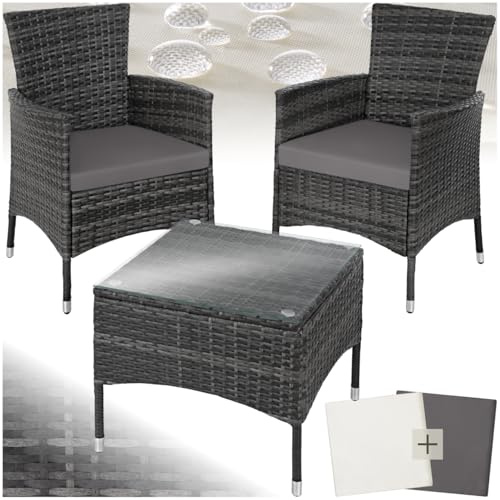 tectake® Ensemble Salon de Jardin Extérieur en Poly Rotin 2 Personnes Ensemble Fauteuil Salon et Table de Jardin, Coussins Amovibles Inclus, Mobilier de Jardin pour Amenagement Balcon Terrasse