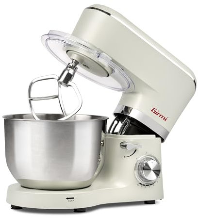 Girmi IM47 Impastatrice Planetaria, Capacità 6 Litri, Impasti fino a 2,4 kg, 1500 W Max, Pulse, 10 Velocità, Contenitore Inox, Accessori inclusi, Panna