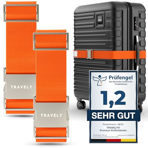 TRAVELY Premium Koffergurt mit Metallschnalle [2er Set]- Besonders Edel & Auffällig - sehr robust I inklusive Namensschild - Passend für Handgepäck bis Übergröße, Kofferband Gurt, kofferband