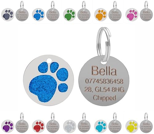 LARRYROO Personalised Engraved Pet ID Tags - Round Glitter Paw Print Stainless Steel - Standard - 25mm, Blue