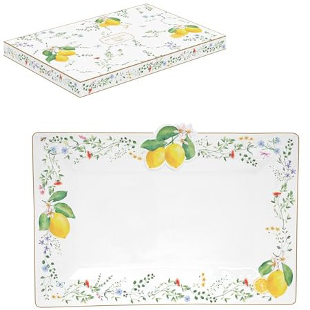 COFFRET PLAT DE SERVICE RECTANGULAIRE 36X24CM EN PORCELAINE FLEURS ET CITRONS