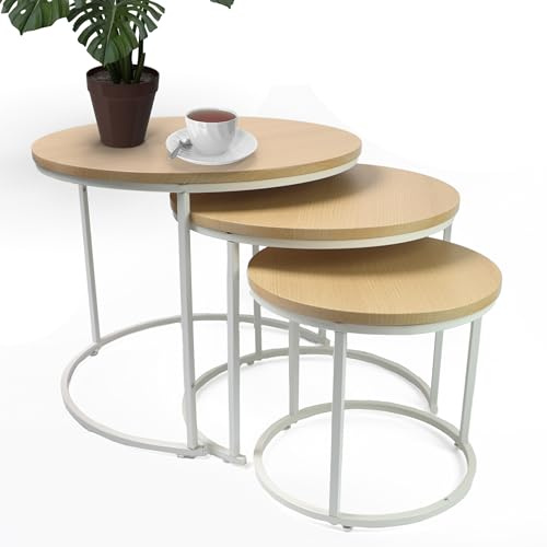 DIVCHI Nest of Tables Set of 3 Round – Modern Nesting Coffee Tables with Wood Look Top & Black Metal Base, Space Saving Side Tables for Living Room, Bedroom & Balcony (White Oak)