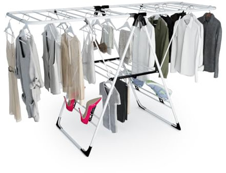 HOMASIS Étendoir à Linge Pliable, Porte-Manteau Extensible avec Double Aile Réglable, Séchoir à Linge Portable en Acier et Plastique, avec Supports pour Chaussures pour l'Intérieur et l'Extérieur