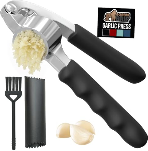 GORILLA GRIP Garlic Press and Peel Set, Heavy Duty Mincer Tool, Large Ergonomic Handle, Easily Mince and Crush Garlics, Ginger, Nuts, Seeds, Peeler Included, Peeling Cloves, Kitchen Gadgets, Black