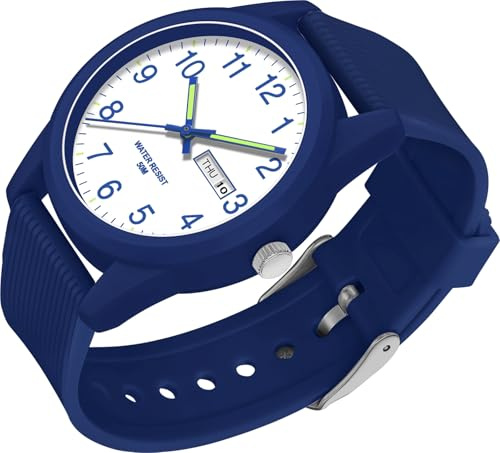 Montre à quartz analogique pour homme et femme - Étanche jusqu'à 50 m - Bracelet en silicone décontracté - Avec date, jour de la semaine, aiguilles luminescentes - Grands chiffres, bleu, lanière