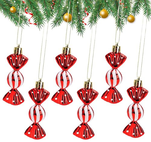 6 Pcs 8cm Mini Sweet Shaped Baubles - Shiny & Glitter Decorations, Red String Hanging Christmas Tree Baubles for Tree Holiday Home New Year