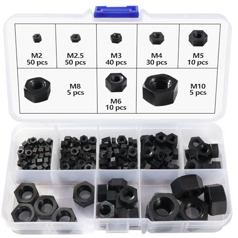 Lyeteung 200 Pièces M2/M2.5/M3/M4/M5/M6/M8/M10 Écrous Hexagonaux en Nylon, Noir