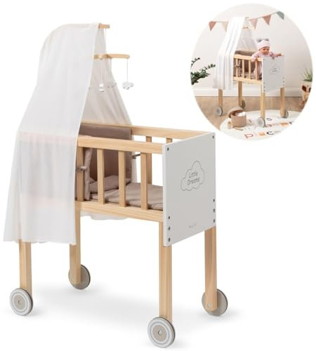 ELLA & PIET® Großer Puppen-Stubenwagen Dreamy aus Holz mit Himmel (Weiß-Schlamm) Puppenwiege Puppenbett zum schieben mit Rollen