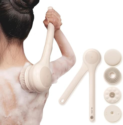 Oh,XIYU. Electric Body Brush Back Scrubber for Shower, Waterproof Long Dual Handle Body Scrubber with 3 Heads, Bath Brush & 2 Speeds, for Cleansing, Exfoliating and Massaging Skin, Chrysanth Pink