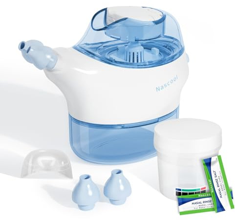 Nascool Sistema de riego nasal: máquina eléctrica de enjuague sinusal Neti Pot para cuidado nasal, dispositivo limpiador de nariz con 50 paquetes de sal y una taza medidora, adecuado para lavado nasal