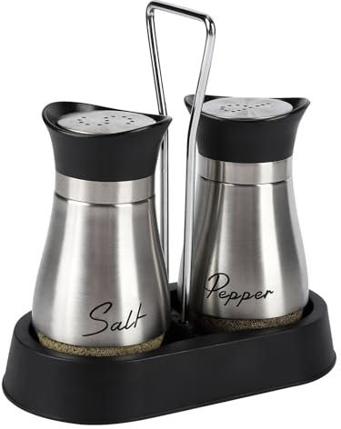 Salt and Pepper Sets,Salt and Pepper Shakers Sets with Holder,Set of 2 Stainless Steel and Glass Bottle Stainless Steel,Salt Shaker Dispenser for Cooking, BBQ (Silver)
