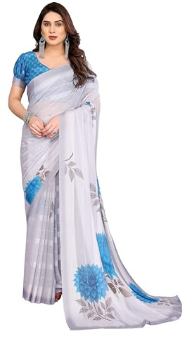 ETHNICMODE Indian Saree For Women Printed Georgette Light Weight Jari Party Wear Off White Sari With Unstitched Blue Blouse Piece-1141