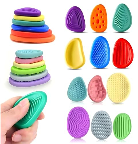 12 Pièces Fidget Toys Pierre Sensorielle, Fidget Toys Sensory Stone en Silicone, Jouets Apaisants pour Enfants Pierres préoccupation Colorées et Texturées pour Enfants Adultes, Jouets Anti-Stress (B)
