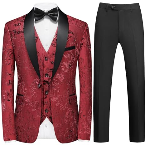 Red Tuxedo Suit for Men 3 Piece Regular Fit Suit One Button Shawl Lapel Blazer Jacket Vest Pants Set for Wedding Prom Large