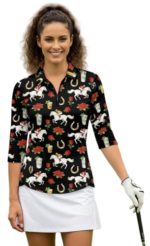 Suhoaziia Derby Horse Roses Women's 3/4 Sleeve Golf Shirts Tennis Polo Lightweight UV Protetcion Workout Hiking T-Shirt Slim Casual Golf Tees Work Blouses Tops Pulllover Horse Racing Outfits
