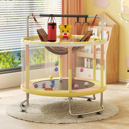 Trampoline pour Enfants 5FT, Trampoline pour bébés, Trampoline d'intérieur/extérieur pour Tout-Petits avec Filet de sécurité, Panier de Basket, balançoire, Anneaux de Gymnastique (Jaune)