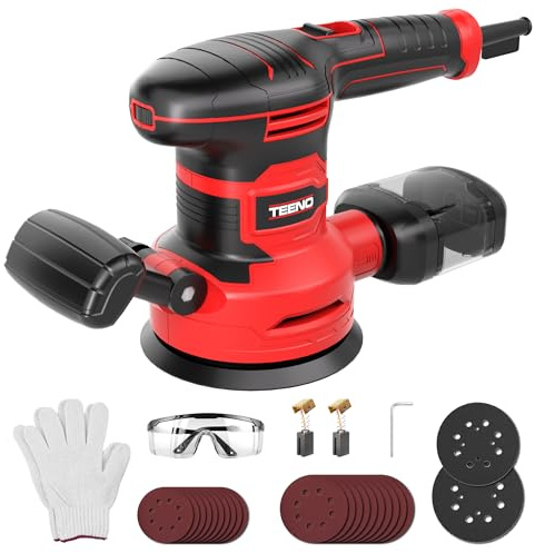 TEENO Lijadora Orbital 450W, 6 Velocidades, 13000 RPM, Ø125/150mm, 20 Discos Abrasivos, Recogida de Polvo, Cable 2m – Con Gafas y Guantes – Para Madera, Metal, Plástico